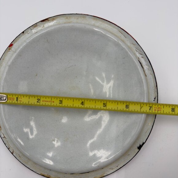 Vintage Enamelware Metal Lid Red Rim 8" Diameter Rustic Farmhouse Style Lid Only - Picture 5 of 6